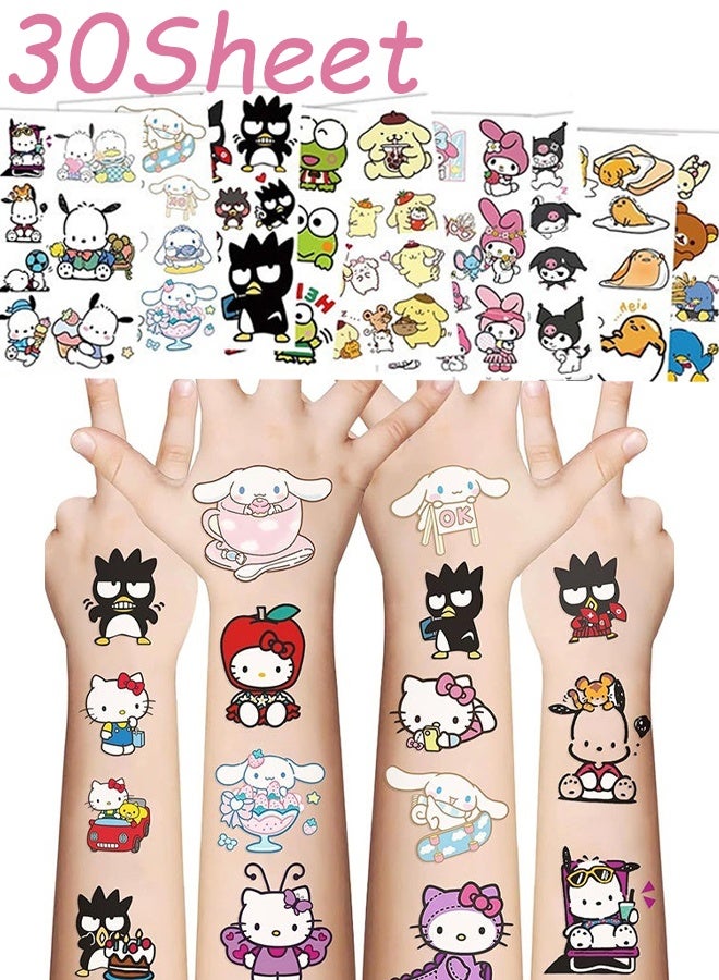 30 Sheets  Sanrio Cartoon Temporary Tattoos Face Stickers Melody Kuromi Cinnamoroll Pompompurin Keroppi Stickers For Kids Party Favors Costume Parties School Events Tattoos Art Make up Birthday Gifts - Image 1