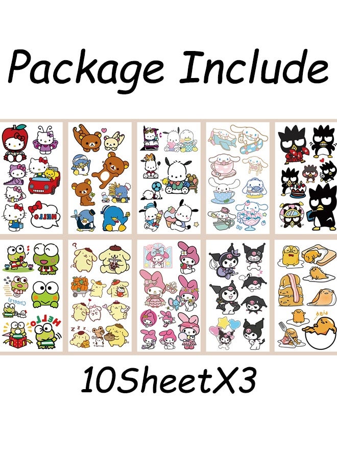 30 Sheets  Sanrio Cartoon Temporary Tattoos Face Stickers Melody Kuromi Cinnamoroll Pompompurin Keroppi Stickers For Kids Party Favors Costume Parties School Events Tattoos Art Make up Birthday Gifts - Image 2