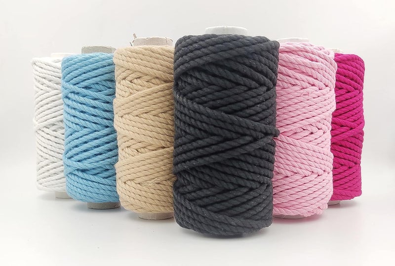 Bobbiny 3Ply Single Strand Macrame Cotton Cord Dori Each Color 4mm 100 Meter Thread for Macrame DIY and Other Projects_Bleach WhiteBlackBrownDark SkyBaby PinkN Pink - Image 1