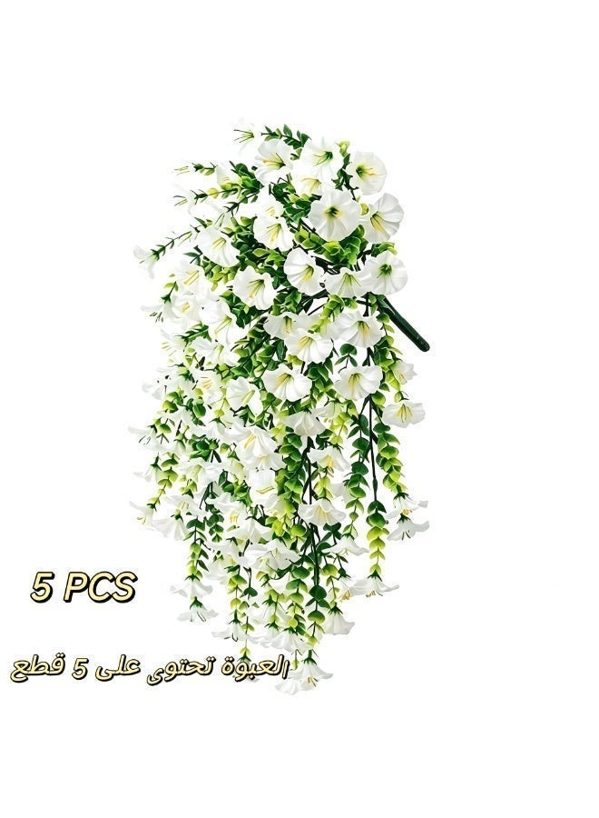 اسم المحتوى ناريلا 5 قطع كرمة زهرة الصباح البيضاء الصناعية، كرمة خضراء معلقة وهمية لتزيين الجدار والشرفة والقوس - Image 2