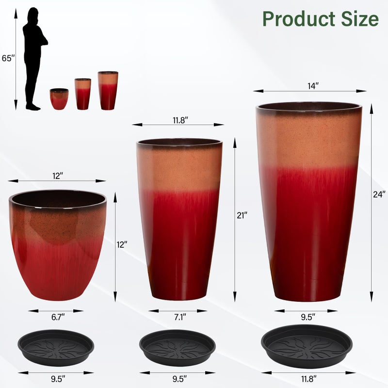 Neoaider 24/21/12 Inch Large Plastic Planter, Lightweight Ceramic-Look Tall Planters with Drain Hole & Saucers, Tall Plastic Planters for Porch, Garden, Patio, Balcony(Fiery Red) - Image 3