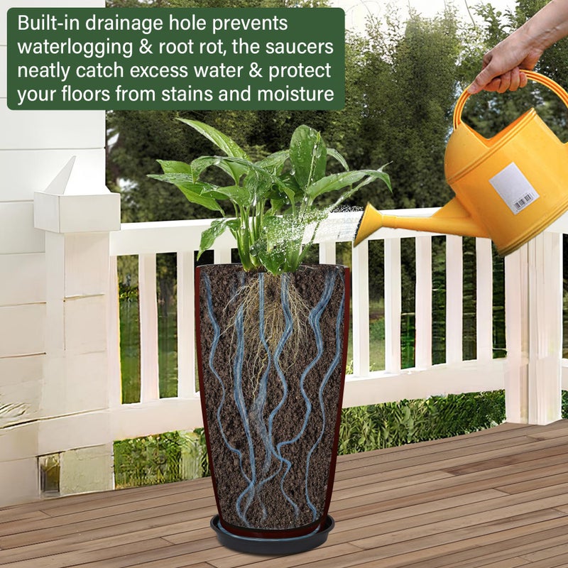Neoaider 24/21/12 Inch Large Plastic Planter, Lightweight Ceramic-Look Tall Planters with Drain Hole & Saucers, Tall Plastic Planters for Porch, Garden, Patio, Balcony(Fiery Red) - Image 5