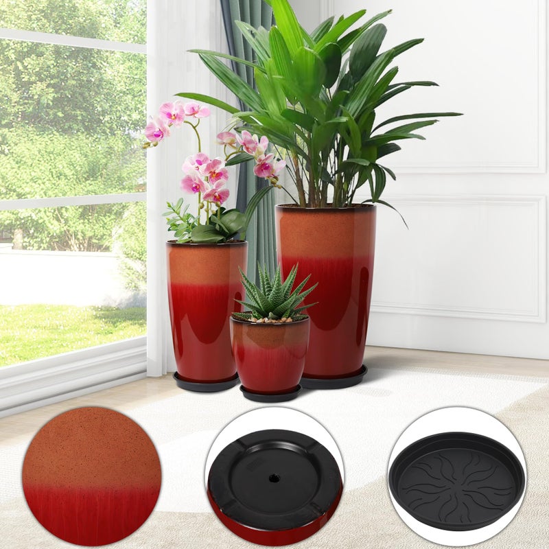 Neoaider 24/21/12 Inch Large Plastic Planter, Lightweight Ceramic-Look Tall Planters with Drain Hole & Saucers, Tall Plastic Planters for Porch, Garden, Patio, Balcony(Fiery Red) - Image 4
