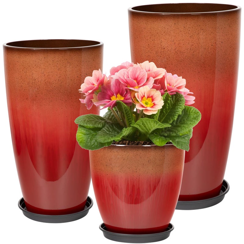 Neoaider 24/21/12 Inch Large Plastic Planter, Lightweight Ceramic-Look Tall Planters with Drain Hole & Saucers, Tall Plastic Planters for Porch, Garden, Patio, Balcony(Fiery Red) - Image 1