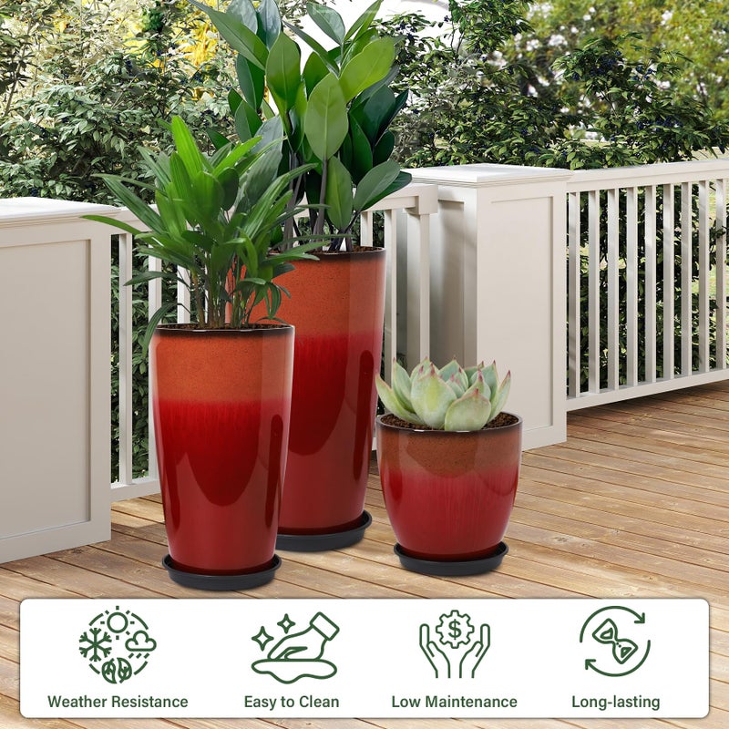 Neoaider 24/21/12 Inch Large Plastic Planter, Lightweight Ceramic-Look Tall Planters with Drain Hole & Saucers, Tall Plastic Planters for Porch, Garden, Patio, Balcony(Fiery Red) - Image 2