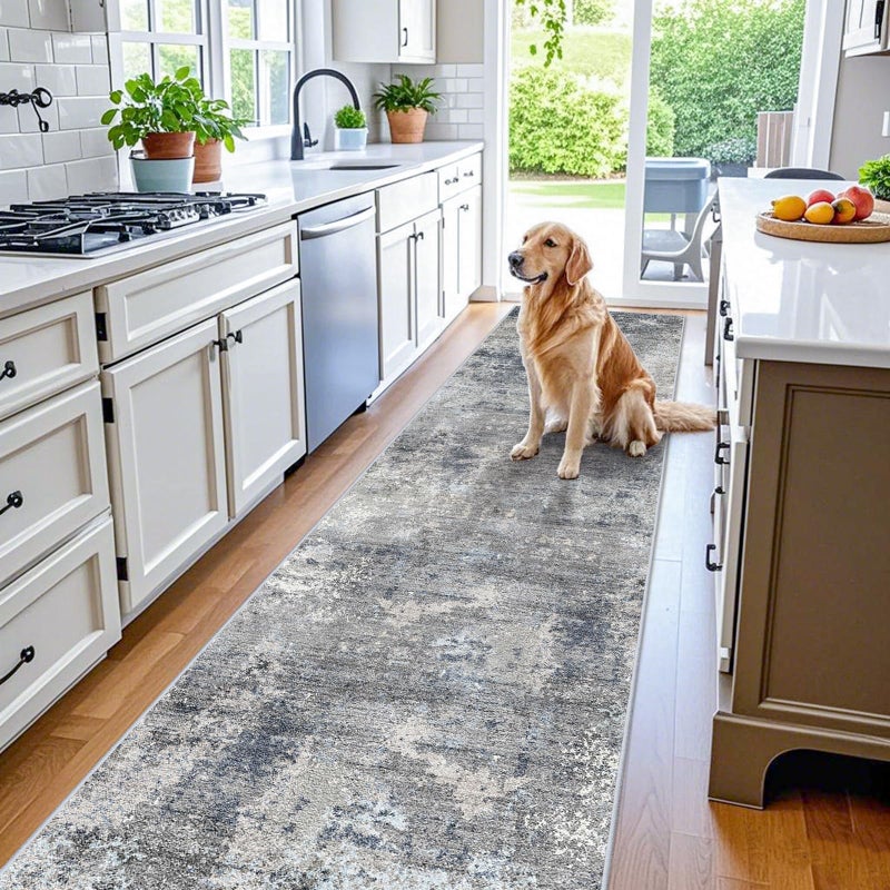 BYYVOO 3x12 ft Non Skid Hallway Runner Rug - Long Washable Stain Resistant Low Pile Thin Carpet Runners for Kitchen Entryway Bathroom,Modern Abstract Neutralï¼ˆBlue Grey,3x12ï¼‰ - Image 1