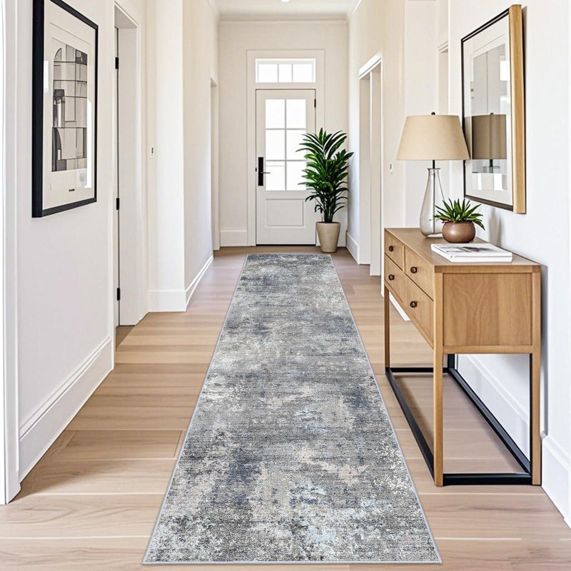 BYYVOO 3x12 ft Non Skid Hallway Runner Rug - Long Washable Stain Resistant Low Pile Thin Carpet Runners for Kitchen Entryway Bathroom,Modern Abstract Neutralï¼ˆBlue Grey,3x12ï¼‰ - Image 3