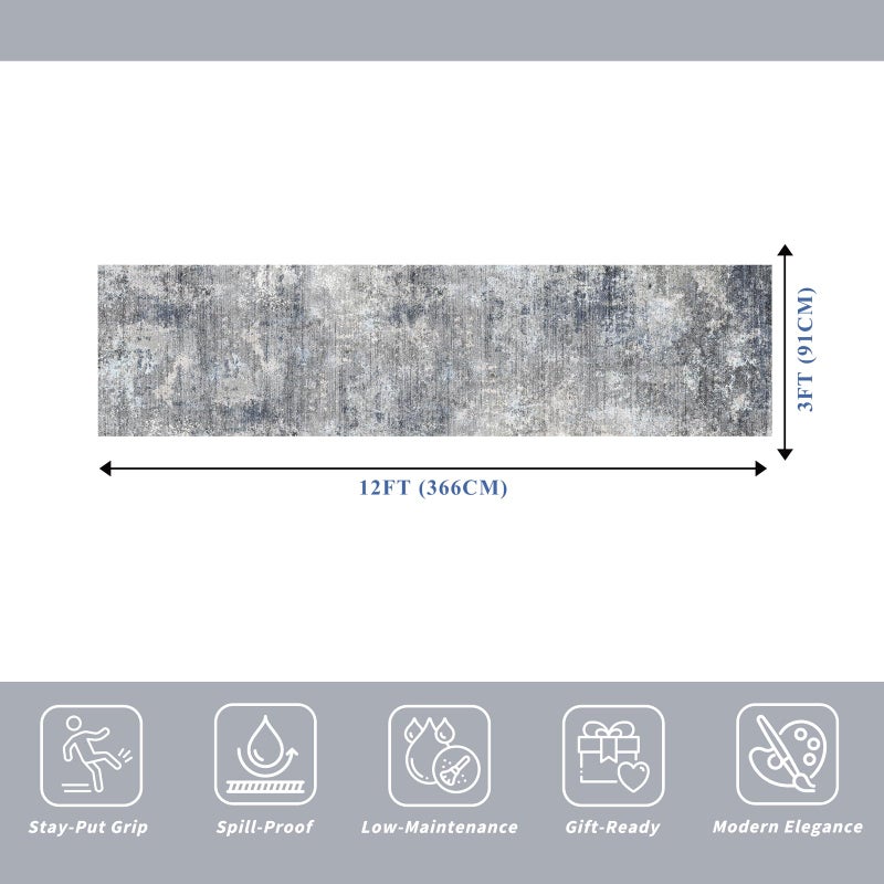 BYYVOO 3x12 ft Non Skid Hallway Runner Rug - Long Washable Stain Resistant Low Pile Thin Carpet Runners for Kitchen Entryway Bathroom,Modern Abstract Neutralï¼ˆBlue Grey,3x12ï¼‰ - Image 2
