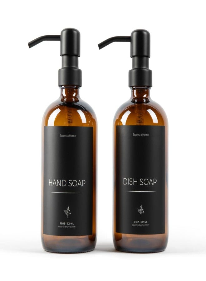 Essentra Home Two 16 oz. Glass Soap Dispensers with Black Pump for Kitchen Sinks, Bathroom Countertop, Shower Refillable Bottles - Waterproof Labels and Foldable Silicon Funnel Included (Amber) - Image 1