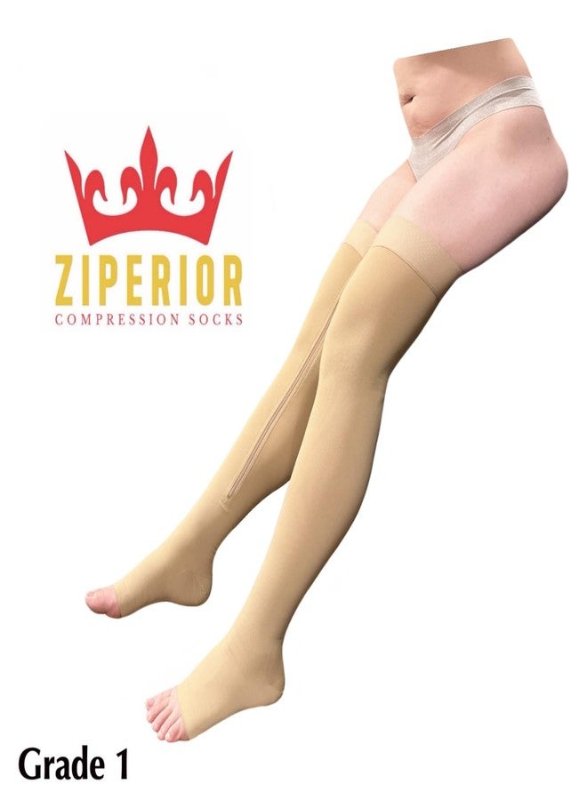Ziperior جوارب ضاغطة عالية الفخذ من زيبيريور، ضغط 15-20 مم زئبق، ساق عريضة، سحاب داخلي، مقدمة مفتوحة (مقاس 3XL، لون بيج) - Image 2