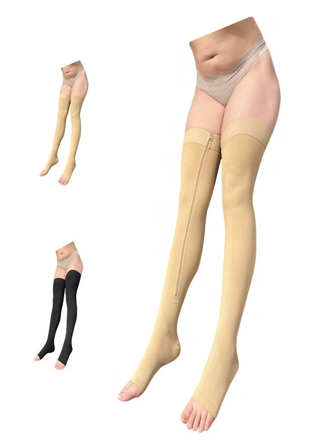 Ziperior جوارب ضاغطة عالية الفخذ من زيبيريور، ضغط 15-20 مم زئبق، ساق عريضة، سحاب داخلي، مقدمة مفتوحة (مقاس 3XL، لون بيج) - Image 1