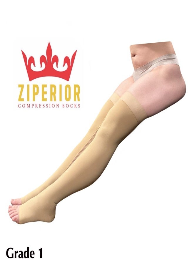 Ziperior جوارب ضاغطة عالية الفخذ من زيبيريور، ضغط 15-20 مم زئبق، ساق عريضة، سحاب داخلي، مقدمة مفتوحة (مقاس 3XL، لون بيج) - Image 3