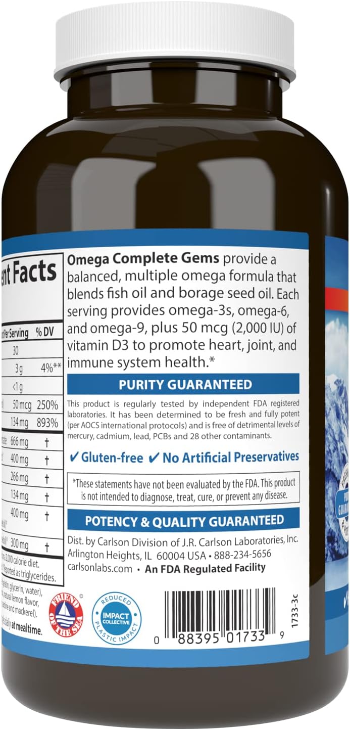 Carlson  Omega Complete Gems Omega369 Wild Caught Sustainably Sourced Heart Health Joint Function  Immune Support 180 Softgels - Image 3