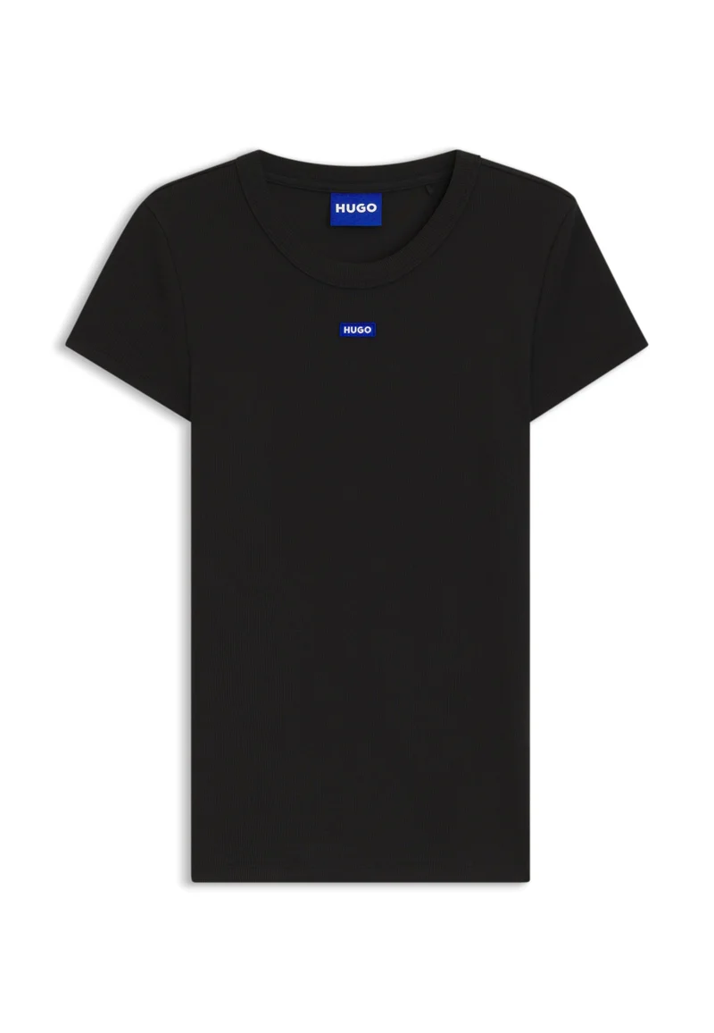 HUGO Slim-fit stretch-cotton T-shirt with blue logo badge