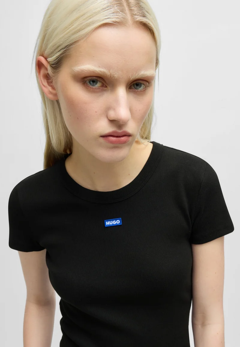 HUGO Slim-fit stretch-cotton T-shirt with blue logo badge