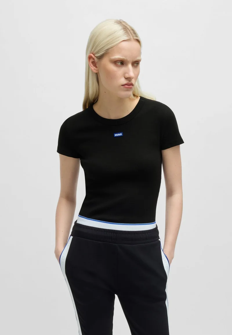 HUGO Slim-fit stretch-cotton T-shirt with blue logo badge