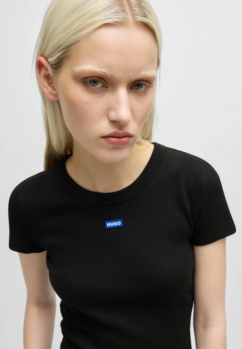 HUGO Black Slim-fit T-shirt in ribbed stretch cotton with logo for Women | Best Price UAE