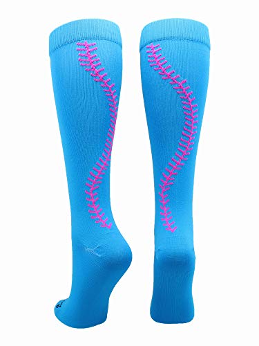MadSportsStuff Softball Socks with Stitches Over the Calf (Electric Blue/Neon Pink, Small) - Image 1