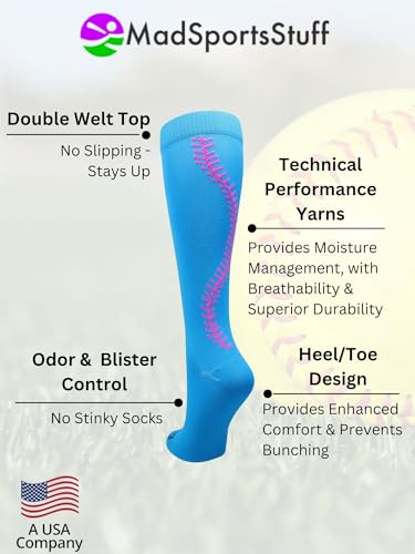 MadSportsStuff Softball Socks with Stitches Over the Calf (Electric Blue/Neon Pink, Small) - Image 5
