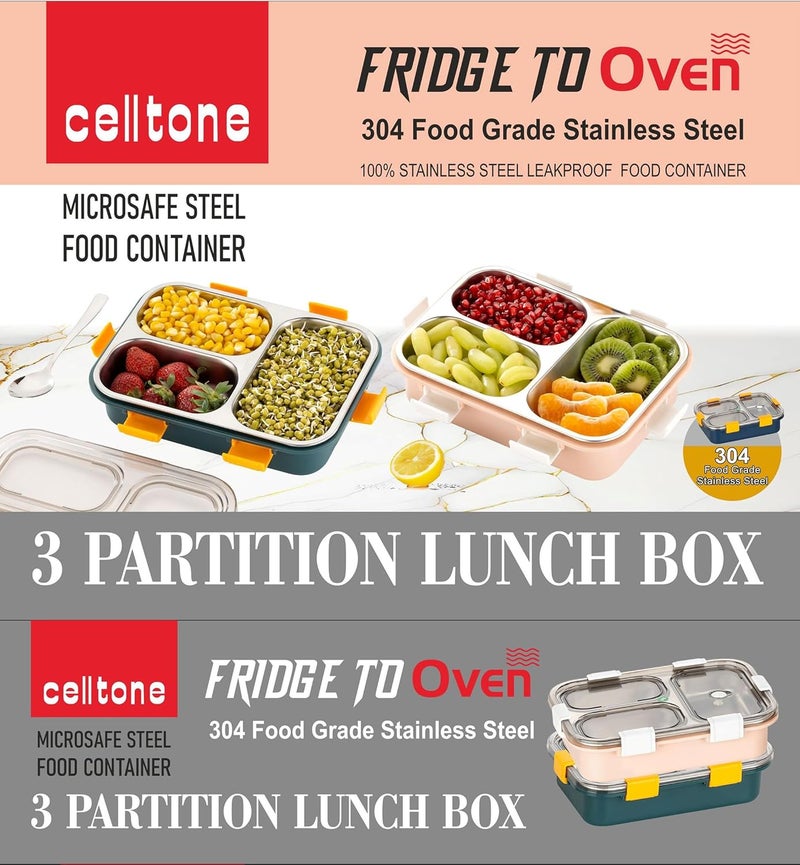 Celltone Microsafe 304 Stainless Steel Food Container LeakProof FridgetoOven Microwave Safe Portable Food Storage 3 Partition Green - Image 4
