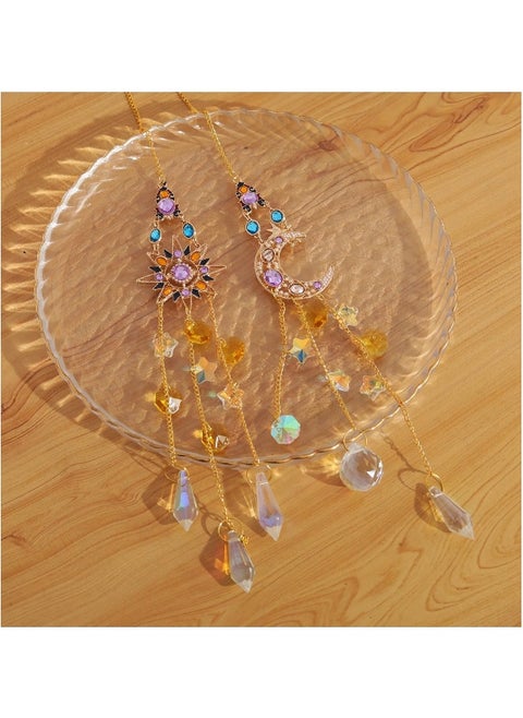 2 Pcs Crytsal Suncatcher Amethyst Decor Sun and Moon Pendant Wall Decor for Window Moon Dream Catchers with Crystals Rainbow Maker Garden Indoor Outdoor Home Decorations