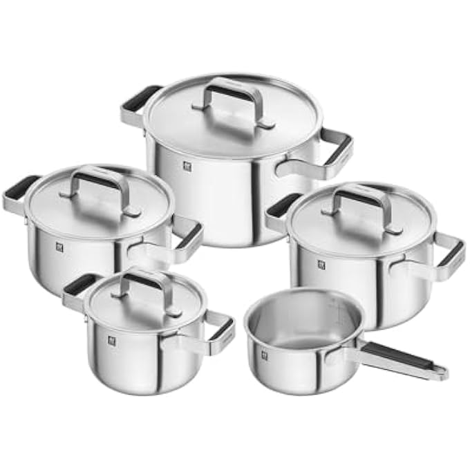 مجموعة أواني طهي نقية مكونة من 5 قطع من الأواني والمقالي المصنوعة من الفولاذ المقاوم للصدأ مع أغطية تتضمن قدرًا ومقلاة وقدرًا متينًا وتوزيعًا متساويًا للحرارة مناسب لجميع مواقد الطهي