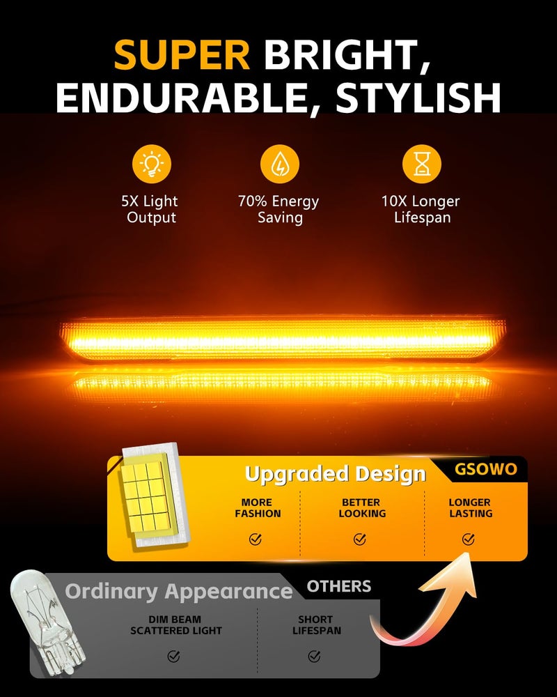 GSOWO 4 PCS Smoked LED Side Marker Light for Sierra 2500HD 3500HD 2020-2024, Full LED Strip Amber Front & Amber Rear Bumper Light, Pickup Truck Fender Driver Passenger Sidemarker Lamps, Car Accessory - Image 3