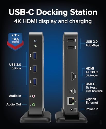 Plugable USB-C Dock – 4K HDMI, 60W Charging, Ethernet, USB 3.0/2.0 Ports – USB-C Docking Station with Power for Windows and Chromebook - Image 2