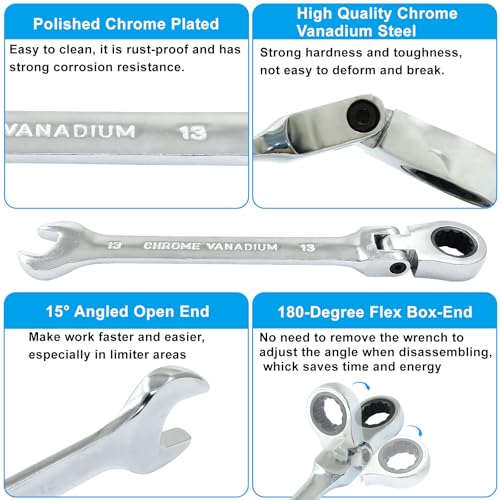 HARSKIYER 13mm Flex Head Ratchet Wrench, 12 Point Chrome Vanadium Steel Combination Spanner with 72 Tooth Ratcheting Gear, Metric Industrial Grade Tool for Automotive and Mechanical Maintenance - Image 3