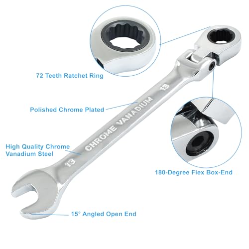 HARSKIYER 13mm Flex Head Ratchet Wrench, 12 Point Chrome Vanadium Steel Combination Spanner with 72 Tooth Ratcheting Gear, Metric Industrial Grade Tool for Automotive and Mechanical Maintenance - Image 4