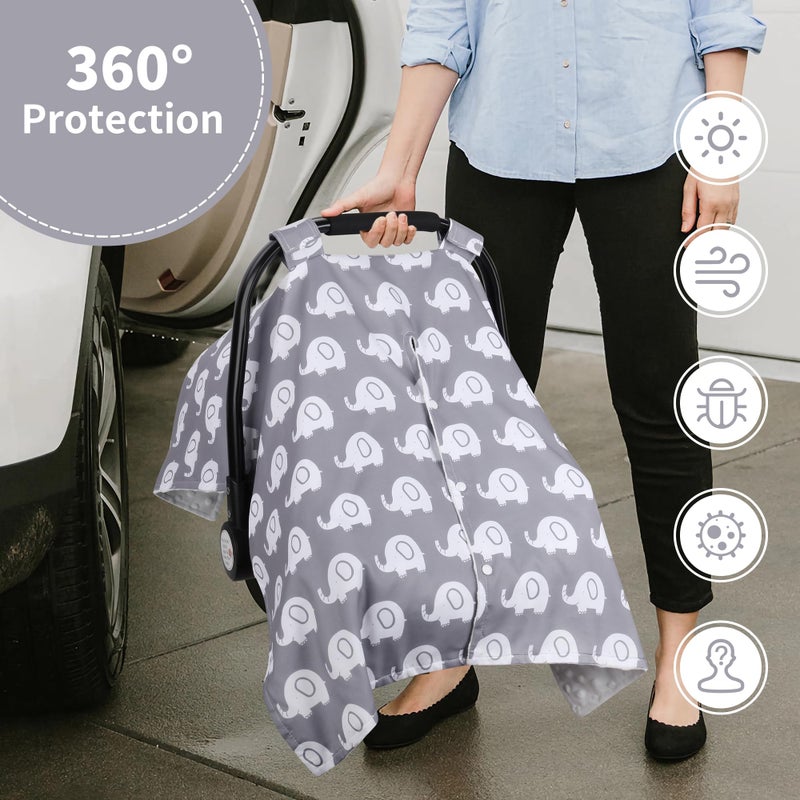 Rquite Car Seat Cover Baby, Carseat Covers for Boy Girl, Minky Infant Car Seat Cover Winter, Peekaboo Opening Car Seat Canopy, Multiuse Baby Carrier, Stroller, Nursing Cover, Minky Blanket, Elephant - Image 5