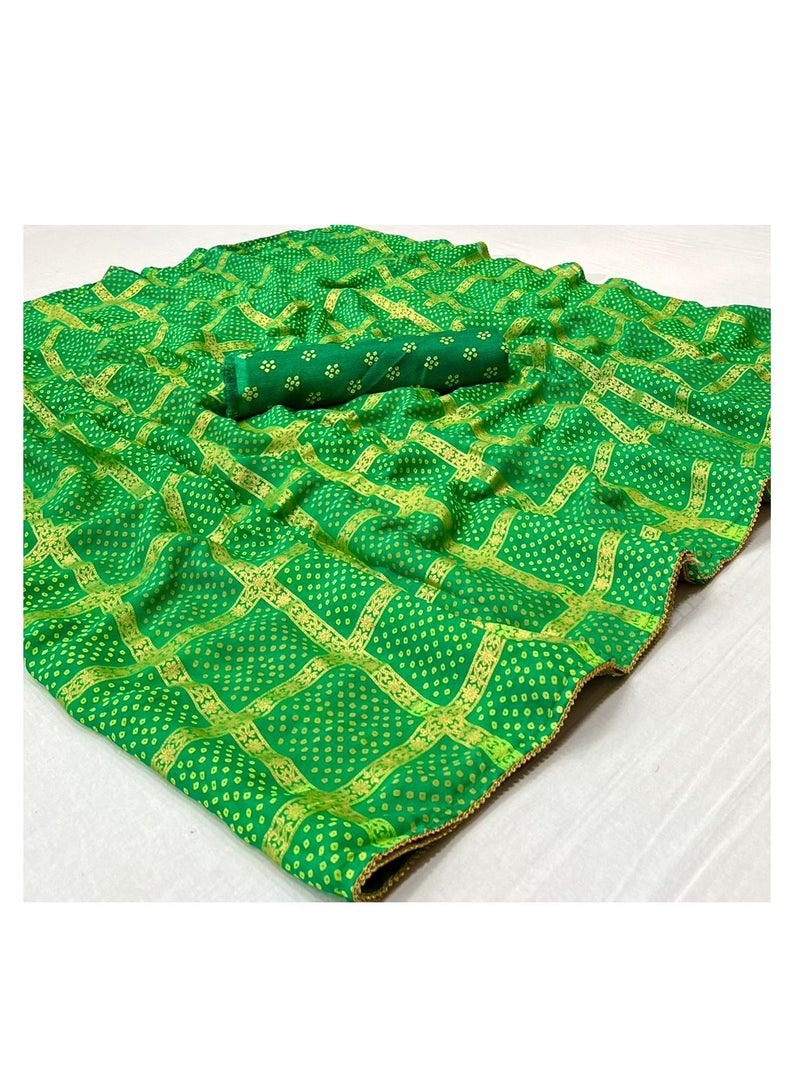 Grab Mantra Silk Gharchola Foil Print Green Saree With Golden Lace Plus Unstitched Saree  - Image 1