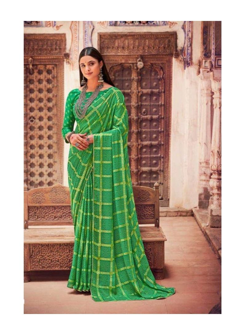 Grab Mantra Silk Gharchola Foil Print Green Saree With Golden Lace Plus Unstitched Saree  - Image 4