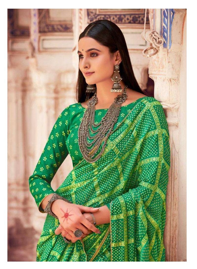Grab Mantra Silk Gharchola Foil Print Green Saree With Golden Lace Plus Unstitched Saree  - Image 3