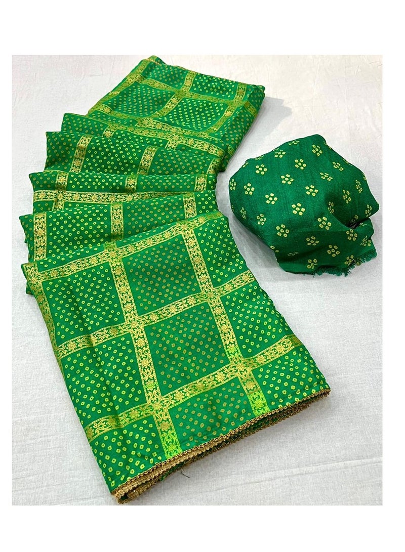 Grab Mantra Silk Gharchola Foil Print Green Saree With Golden Lace Plus Unstitched Saree  - Image 2