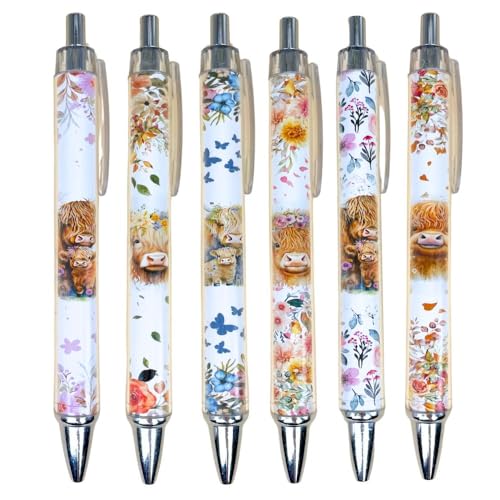 YJ PREMIUMS 6PC Highland Cow Pens Set | Cow Print Pen Kawaii Cute Supplies Accessories Items Stationary for School Home Office Desk Planner Pencils Decor Things Themed Lover Gifts Gift for her - Image 1