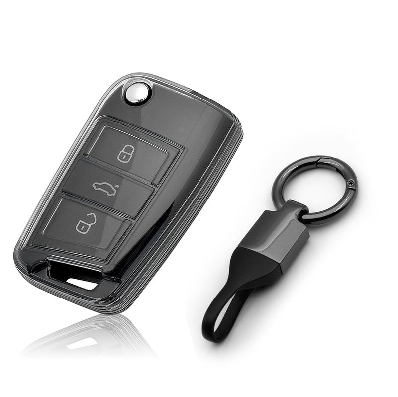 JVCV ® Soft TPU Transparent Cover Compatible with Skoda Kushaq Kylaq Slavia Taigun Tiguan Virtus Octavia Kodiaq Superb Folding Key (with Keychain - Style B) - Image 1