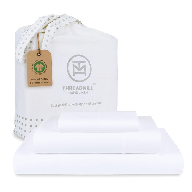 Threadmill Organic Cotton Twin Bed Sheet Set  Soft  Natural  Cool Cotton Sheets  Includes Flat Sheet Fitted Sheet  Pillowcases  TwinWhite