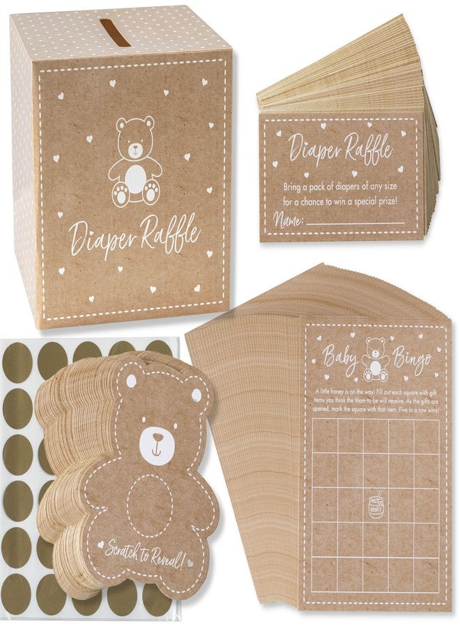 Kate Aspen Kraft Bear Diaper Raffle, Baby Shower Bingo & DIY Baby Shower Scratch Off Game Set (Set of 50), Gender Neutral Baby Shower Decorations for Girls & Boys - Image 1