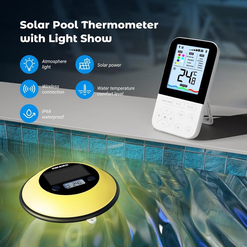 Wireless Floating Pool Thermometer IBS-P05R Solar Powered IP68 Waterproof Smart Vibe Light with 7 Colors Remote Control, 300m Range Comfort Level Indicator For Pools, Hot Tubs, Ponds - Image 2