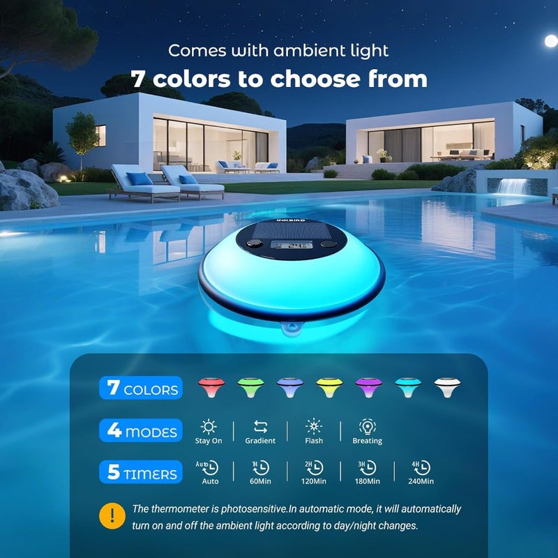 Wireless Floating Pool Thermometer IBS-P05R Solar Powered IP68 Waterproof Smart Vibe Light with 7 Colors Remote Control, 300m Range Comfort Level Indicator For Pools, Hot Tubs, Ponds - Image 3