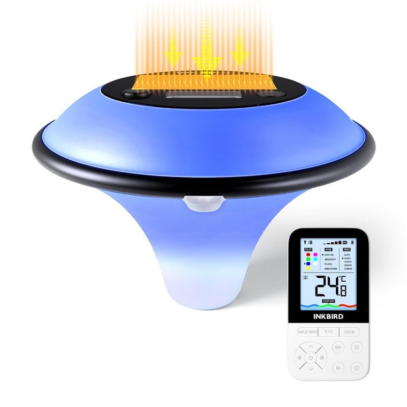 Wireless Floating Pool Thermometer IBS-P05R Solar Powered IP68 Waterproof Smart Vibe Light with 7 Colors Remote Control, 300m Range Comfort Level Indicator For Pools, Hot Tubs, Ponds - Image 1