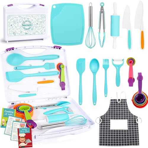 Suhctuptx Kids Cooking Sets Real Kids Cooking Baking Set with Storage Case Kid Safe Knives Cutting Board Apron Cookbook Toddler Cooking Utensils Montessori Kitchen Tools Birthday Gifts Toys for Girls Boys - Image 1