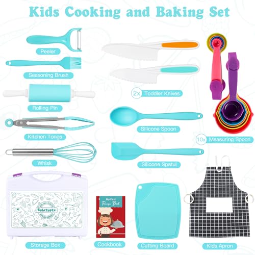 Suhctuptx Kids Cooking Sets Real Kids Cooking Baking Set with Storage Case Kid Safe Knives Cutting Board Apron Cookbook Toddler Cooking Utensils Montessori Kitchen Tools Birthday Gifts Toys for Girls Boys - Image 5