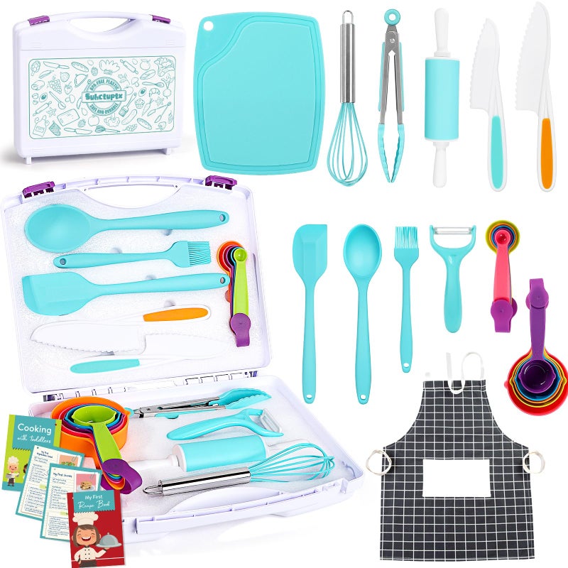 Suhctuptx Kids Cooking Sets Real Kids Cooking Baking Set with Storage Case Kid Safe Knives Cutting Board Apron Cookbook Toddler Cooking Utensils Montessori Kitchen Tools Birthday Gifts Toys for Girls Boys - Image 3