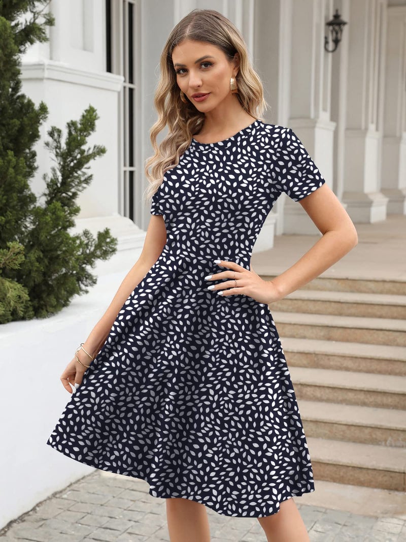 HELYO Casual Dresses for Women Professional Elegant Summer 50s Office Work Party Floral Print A-Line Dress with Pockets 162 Navy White Dot M - Image 5