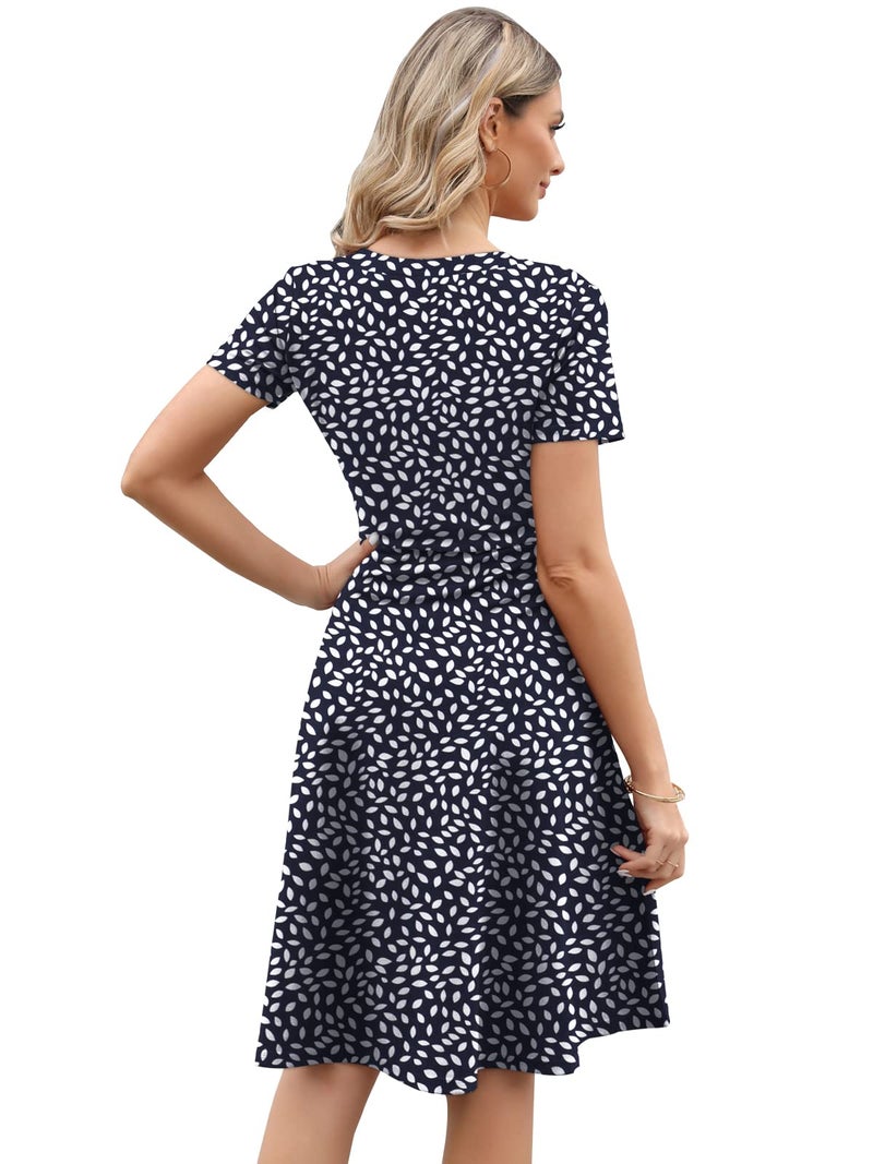 HELYO Casual Dresses for Women Professional Elegant Summer 50s Office Work Party Floral Print A-Line Dress with Pockets 162 Navy White Dot M - Image 2