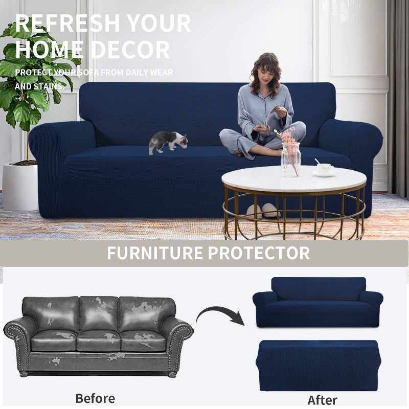 Easy-Going Stretch Oversized Loveseat Slipcover 1-Piece Sofa Cover Furniture Protector Couch Soft with Elastic Bottom for Kids Polyester Spandex Jacquard Fabric Small Checks Navy - Image 4