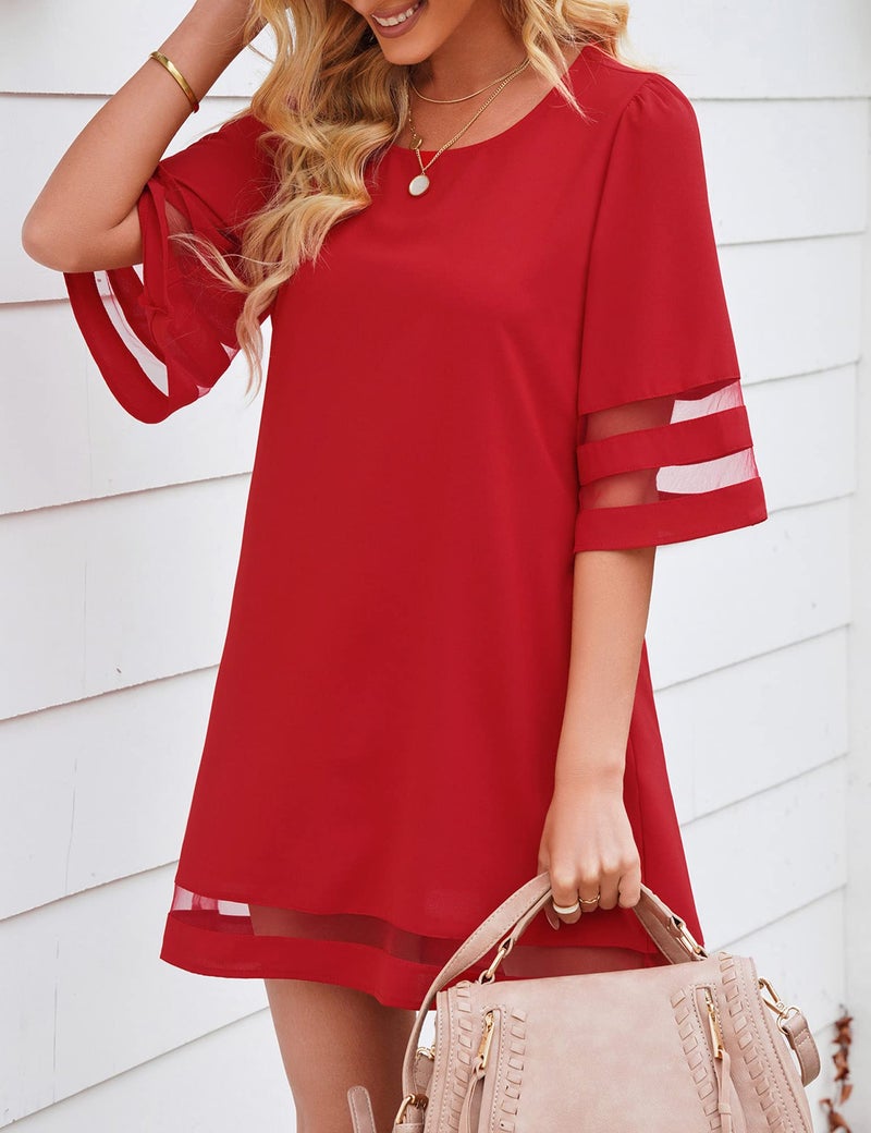 LookbookStore Red Dresses for Women Valentine's Day Dress True Red Elegant Dress for Valentines Day 2026 Casual Summer Wedding Guest Red Dress Women Bell Sleeve Tunic Shift Short Dress Size L - Image 4