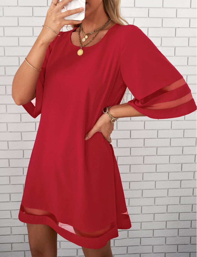 LookbookStore Red Dresses for Women Valentine's Day Dress True Red Elegant Dress for Valentines Day 2026 Casual Summer Wedding Guest Red Dress Women Bell Sleeve Tunic Shift Short Dress Size L - Image 3